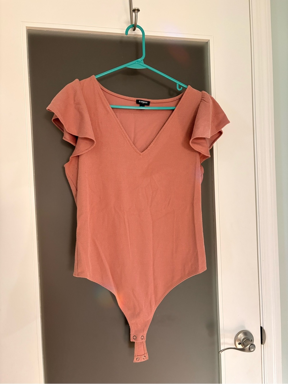 Express Coral Pink V-Neck Ruffle Sleeve Bodysuit